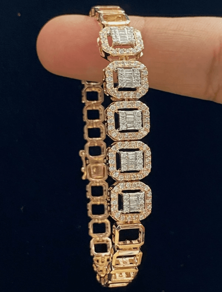 Pave 1.66 TCW Diamants Ronds Taille Baguette Bracelet Tennis Halo En Or 585 14K - Photo 1