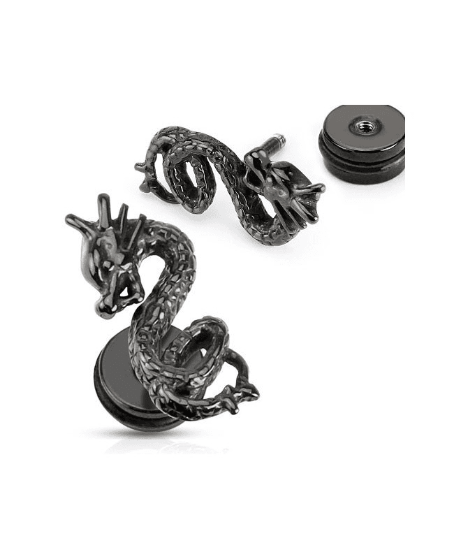 faux piercing dragon chine plug ecarteur d oreille homme femme lobe acier noir - Photo 1