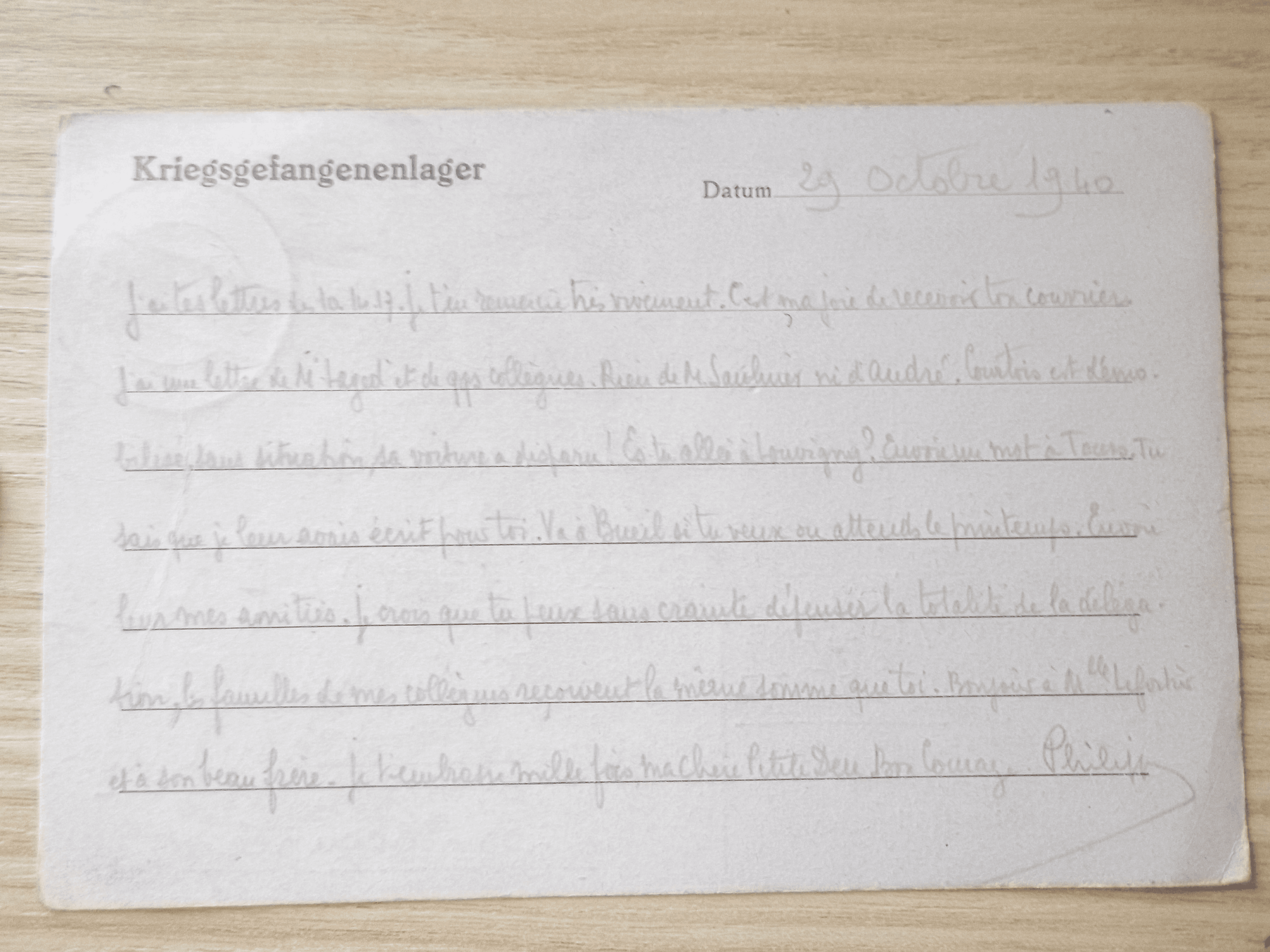 Lettre de prisonnier de guerre du 29 octobre 1940 - Photo 1
