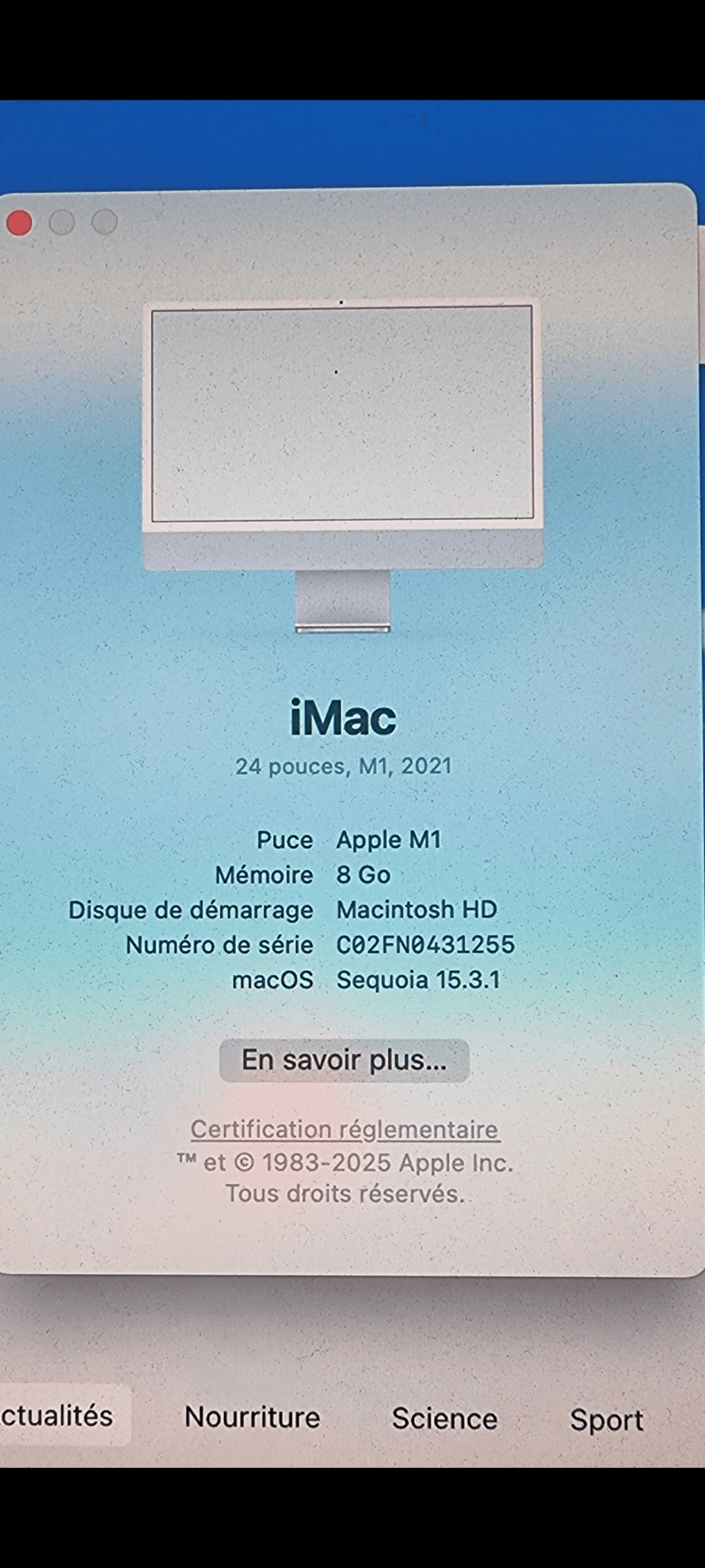 Vente iMac 2021 24 pouces 256 Go SSD - Photo 1